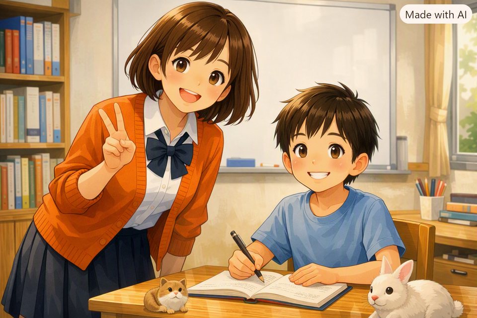 先生と男の子が楽しく勉強している教室