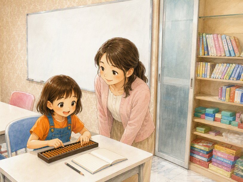 先生に見守られてそろばんを練習する女の子