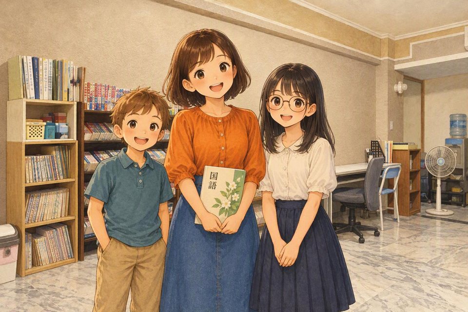 「国語」の本を持つ先生と、笑顔の生徒たち